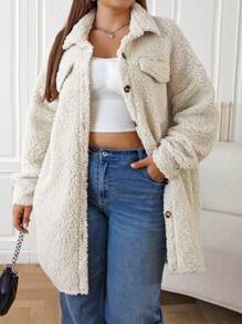 SHEIN EZwear Áo khoác Teddy Button phía trước cỡ lớn có vai trễ - Màu Khaki - Xem 1