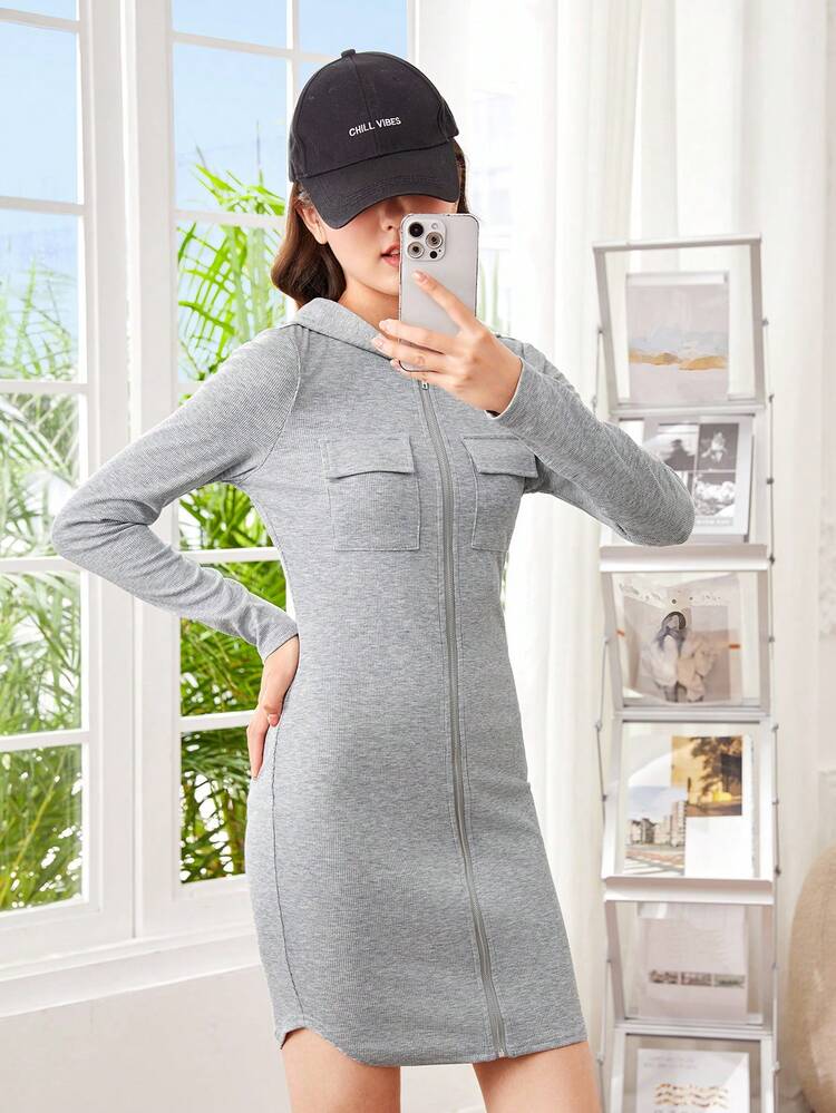 Teenage Girls' Knit Ribbed Hooded Cardigan Dress With Pockets