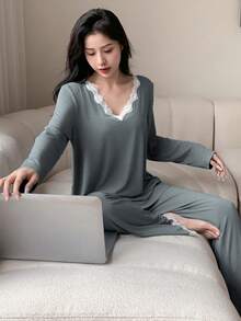 DAZY Của phụ nữ Lỏng lẻo Ren Vá lại Bộ mặc nhà - Màu xám đen - Xem 3