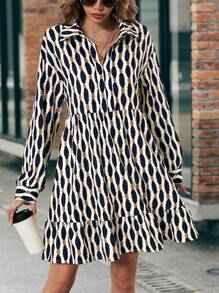 SHEIN LUNE 滿版印花荷葉邊娃娃裙 - 藍色 - 查看 6