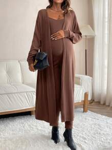 SHEIN Maternity Solid Cami Jumpsuit & Open Front Coat - Brown - View 5