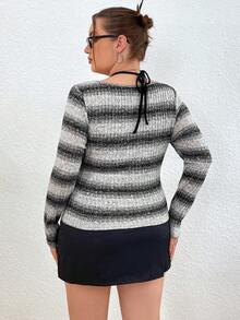 Flirla Hơn In sọc Nút Nửa Áo thun - Xám - Xem 2