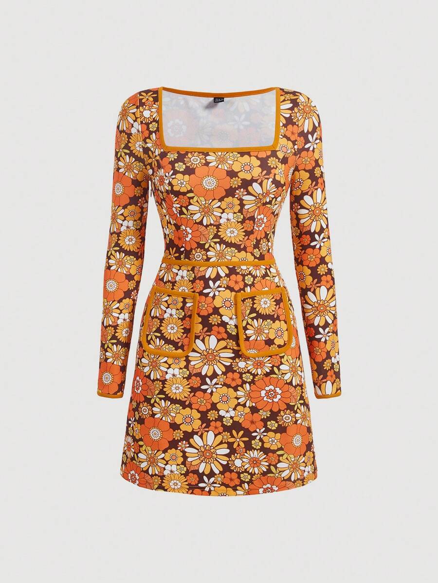 SHEIN MOD Floral Print Square Neck Dress - Multicolor - View 1
