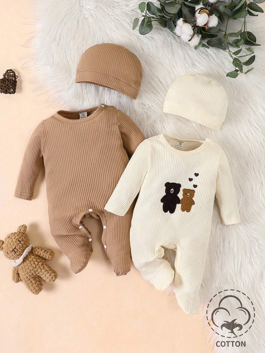 SHEIN 2pcs/Set Infant Boys' Embroidered Bear Ribbed Sleepwear - Multicolor - View 1