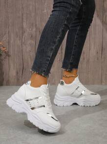 Women's Round Toe Lace-up Color Block White Sneakers With Campus Style Wedge Heel And Thick Sole