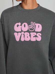 JoyandElle Letter Graphic Round Neck Drop Shoulder Sweatshirt - Dark Grey - View 2