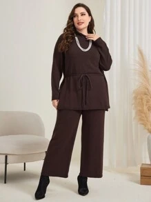 Mulvari 加大插肩袖同款系带毛衣和针织裤（无项链）2 件套 - 棕色 - 查看 4