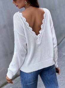 SHEIN LUNE 女蕾絲拼接落肩毛衣 - 白色 - 查看 1