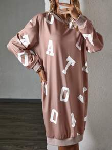 SHEIN Essnce Letter Graphic Drop Shoulder Split Hem Sweatshirt Dress - Khaki - View 5