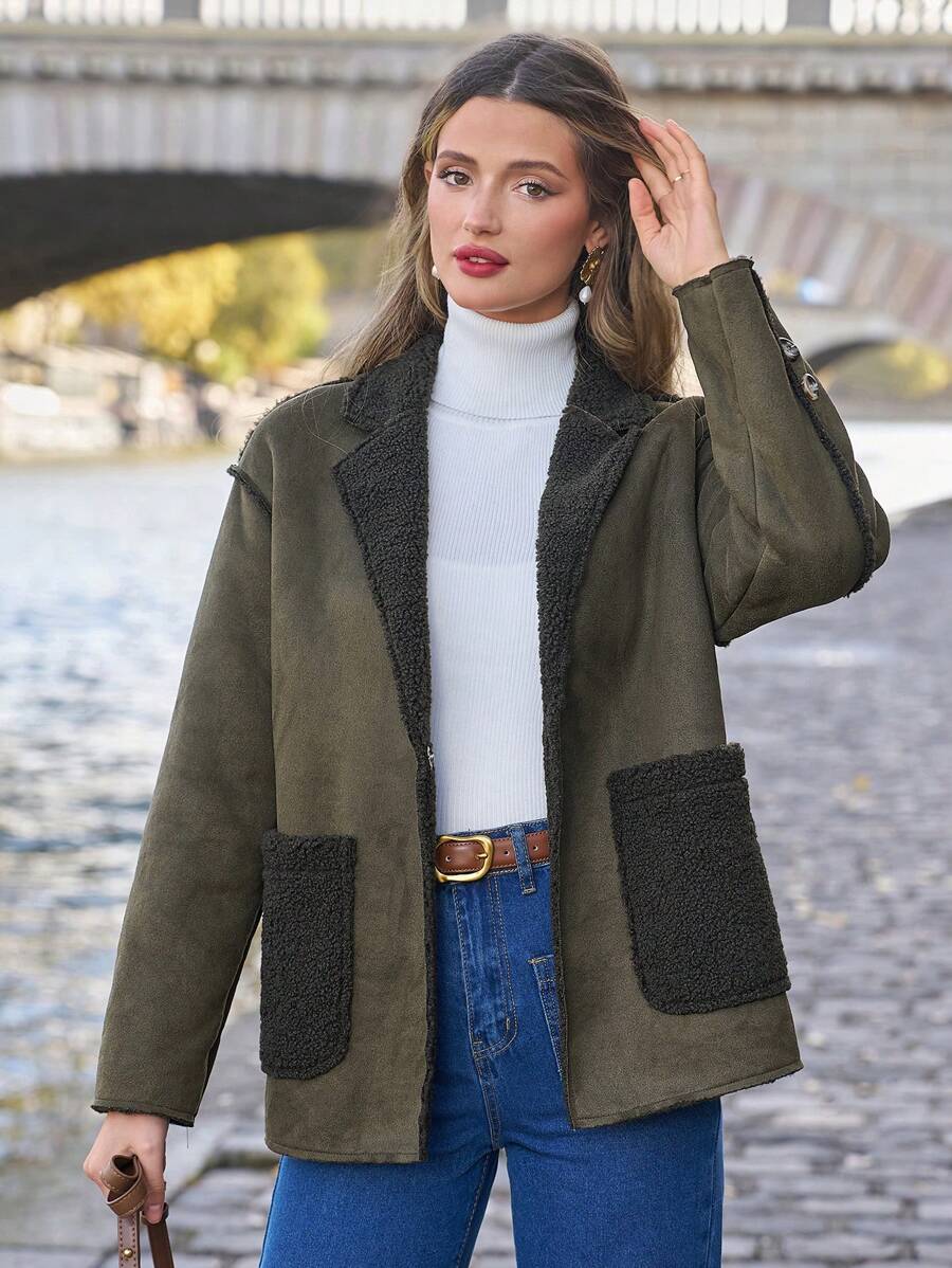 SHEIN Frenchy Women's Thermal Lined Faux Suede Jacket - Green - View 1