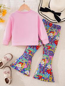 SHEIN Cô Gái Trẻ In Chữ & Hoa Áo chui đầu & Quần ống loe - Hồng - Xem 2