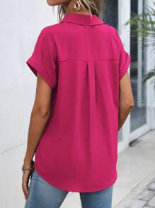 SHEIN LUNE Blusa De Manga Corta Con Alas De Murciélago Para Mujer - Rosa Fucsia - Ver 2