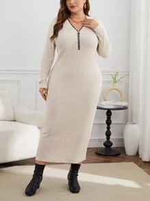 SHEIN Essnce Women'S Plus Size Ribbed Zip Front Dress - Apricot - View 4