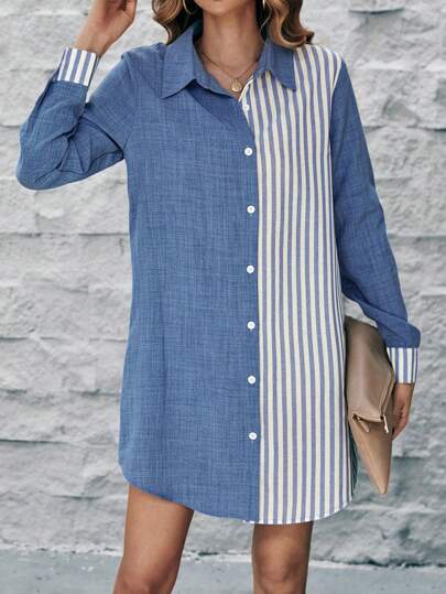 SHEIN LUNE レディース ストライプ パッチワーク ボタン フロント ドレス