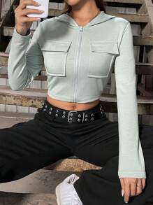 SHEIN Unity Flap Pocket Zip Up Crop Hoodie Pullover Fall Outfit - Grey - View 4