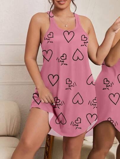 Vestido de pijama de tirantes con estampado de letras en inglés simple y cuello redondo para ropa de dormir talla grande
