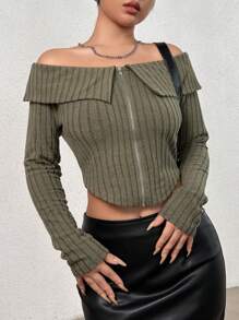 SHEIN Unity Off Shoulder Front Zipper Cropped T-shirt - Army Green - View 3