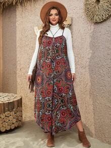 SHEIN VCAY Của phụ nữ Kích thước lớn In thực vật Áo liền quần Với Dây đai mỏng - Nhiều màu - Xem 4