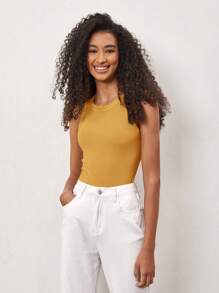 SHEIN BASICS Camiseta sin mangas casual de color liso con cuello redondo y textura acanalada para mujer, verano - Mostaza Amarilla - Ver 6