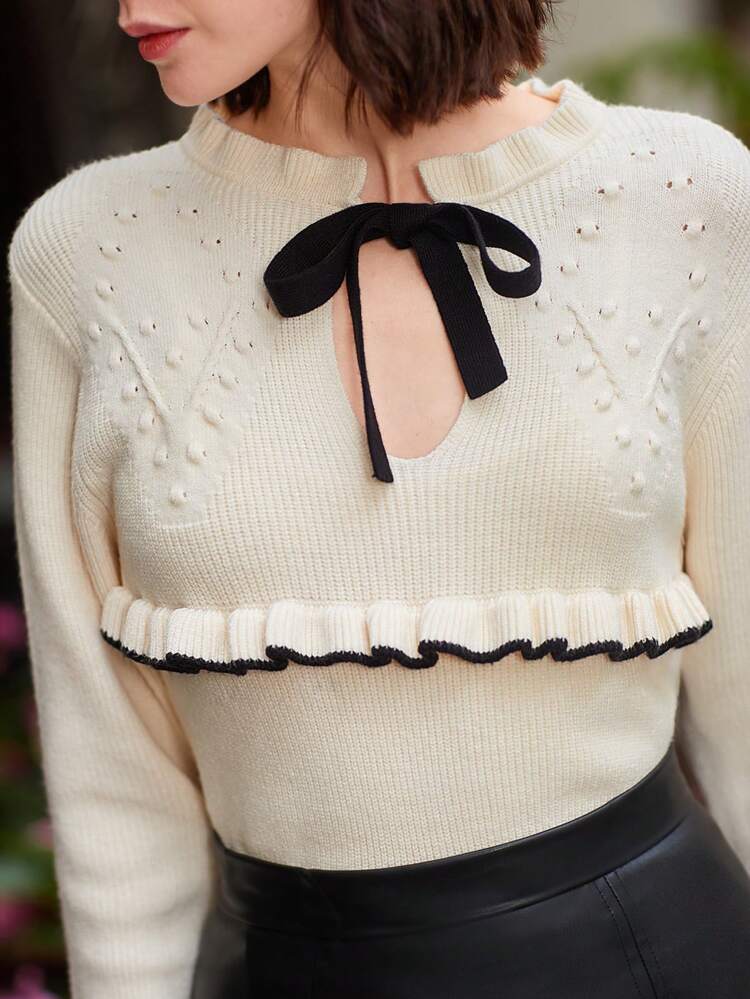 Women'S Bow And Lace .Knitted Sweater Winter Casual