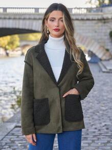 SHEIN Frenchy Women's Thermal Lined Faux Suede Jacket - Green - View 5