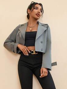 SHEIN Essnce Của phụ nữ Đôi ngực Áo khoác Trench - Xám - Xem 3