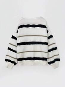 Women's Casual Striped Pattern Drop-Shoulder Loose Pullover Long-Sleeve Sweater Tops White