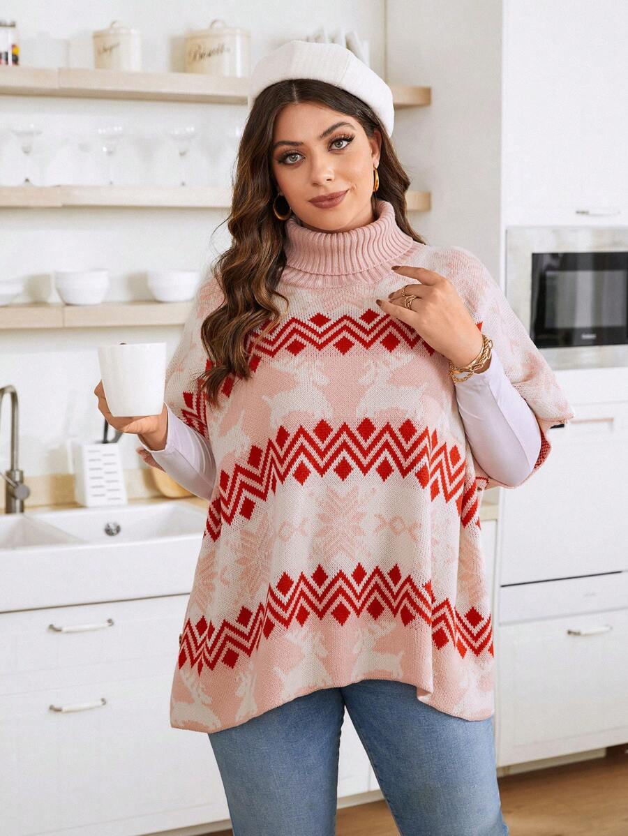 Calvaya Plus 1pc Geo & Elk Pattern Turtleneck Batwing Sleeve Sweater Knit Pullover Fall Winter Sweater - Multicolor - View 1