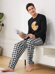 男士比薩印花t恤和格紋長褲家居服套裝 - 彩色 - 查看 7