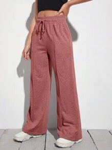 SHEIN EZwear 腰部抽繩闊腿褲 - 藕粉色 - 查看 3