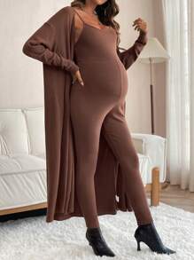SHEIN Maternity Solid Cami Jumpsuit & Open Front Coat - Brown - View 1