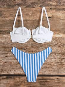 SHEIN Swim Summer V-Neck Striped Bikini Set - Blue and White - View 2