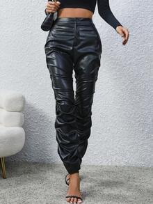 SHEIN Clasi Stacked PU Leather Pants - Black - View 5