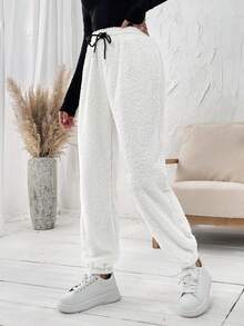 SHEIN LUNE Drawstring Waist Thermal Lined Sweatpants - White - View 3