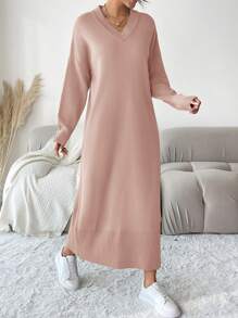 EURMUSE Màu thuần Thả vai Cổ chữ V Đầm Áo len - Bụi hồng - Xem 4