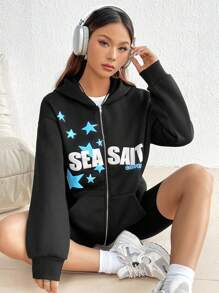 SHEIN Unity 落肩长袖拉链休闲百搭五角星印花连帽卫衣 - 黑色 - 查看 1