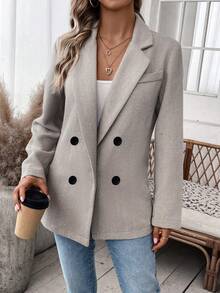 SHEIN Essnce Double Breasted Lapel Collar Blazer - Khaki - View 5