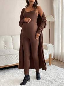 SHEIN Maternity Solid Cami Jumpsuit & Open Front Coat - Brown - View 3
