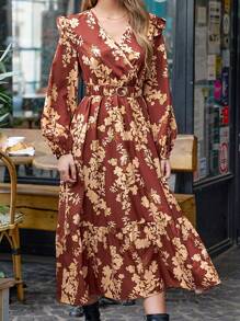 SHEIN Frenchy 女士花卉印花燈籠袖腰帶連衣裙 - 彩色 - 查看 7