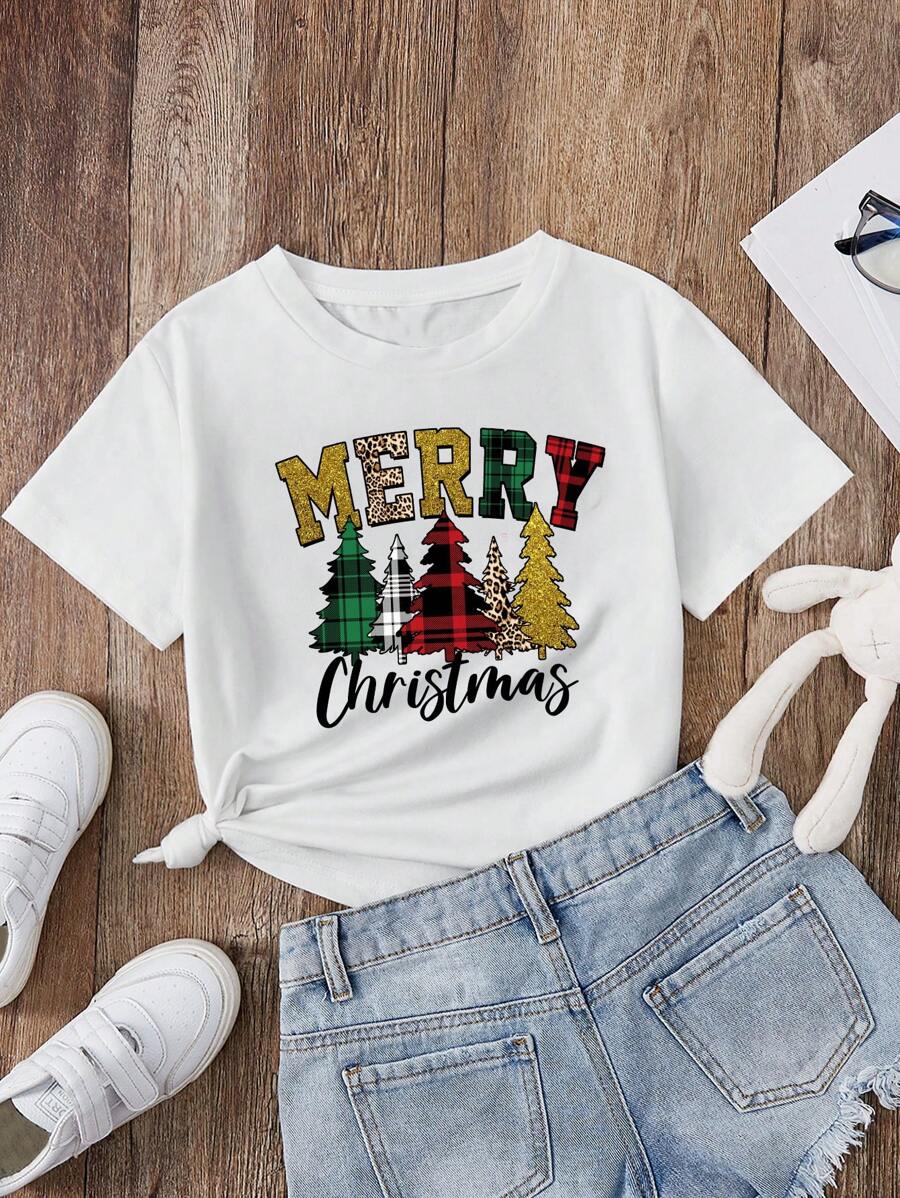 SHEIN Tween Girl 1pc Christmas Print Tee - White - View 1