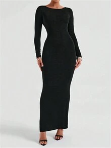 女士纯色圆领长袖挂脖连衣裙 - 黑色 - 查看 1