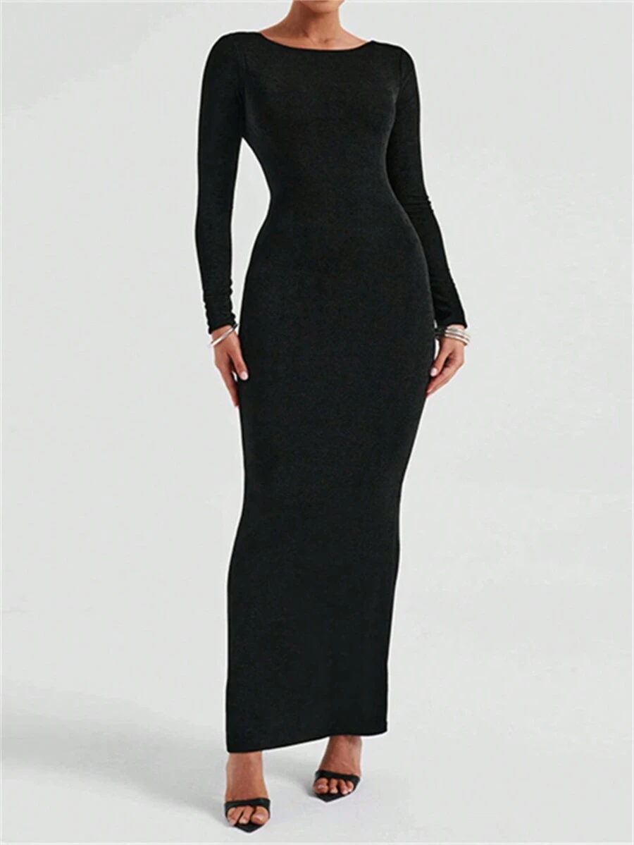 女士纯色圆领长袖挂脖连衣裙 - 黑色 - 查看 1