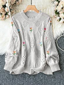 Calvaya Áo len cỡ lớn thêu hoa khoét lỗ, áo chui đầu dệt kim, áo len mùa thu đông. - Màu Xám nhạt - Xem 3