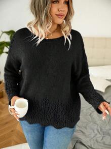 Calvaya 大码纯色镂空落肩针织套头毛衣，适合秋冬季节穿着 - 黑色 - 查看 4