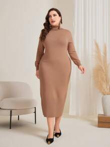 Mulvari Plus Size Women's High Neck Sweater Dress - Camel - View 1