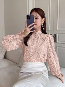 DAZY Stand Collar Puff Sleeve Shirt Long Sleeve Top - Pink - View 3