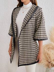 SHEIN Frenchy 格紋撞色鑲邊連帽開襟大衣 - 粉色 - 查看 4