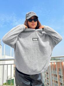 SHEIN Coolane 加大码字母拼接落肩泰迪卫衣 - 灰色 - 查看 3