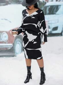 Calvaya Hơn Mẫu đồ họa Thả vai Sweater & Knit Skirt - Đen và trắng - Xem 7