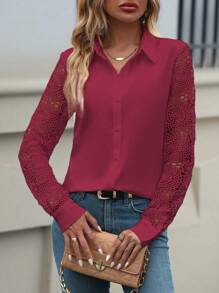 SHEIN Clasi Ren Vá lại Áo sơ mi - Màu Đỏ Sâu - Xem 5